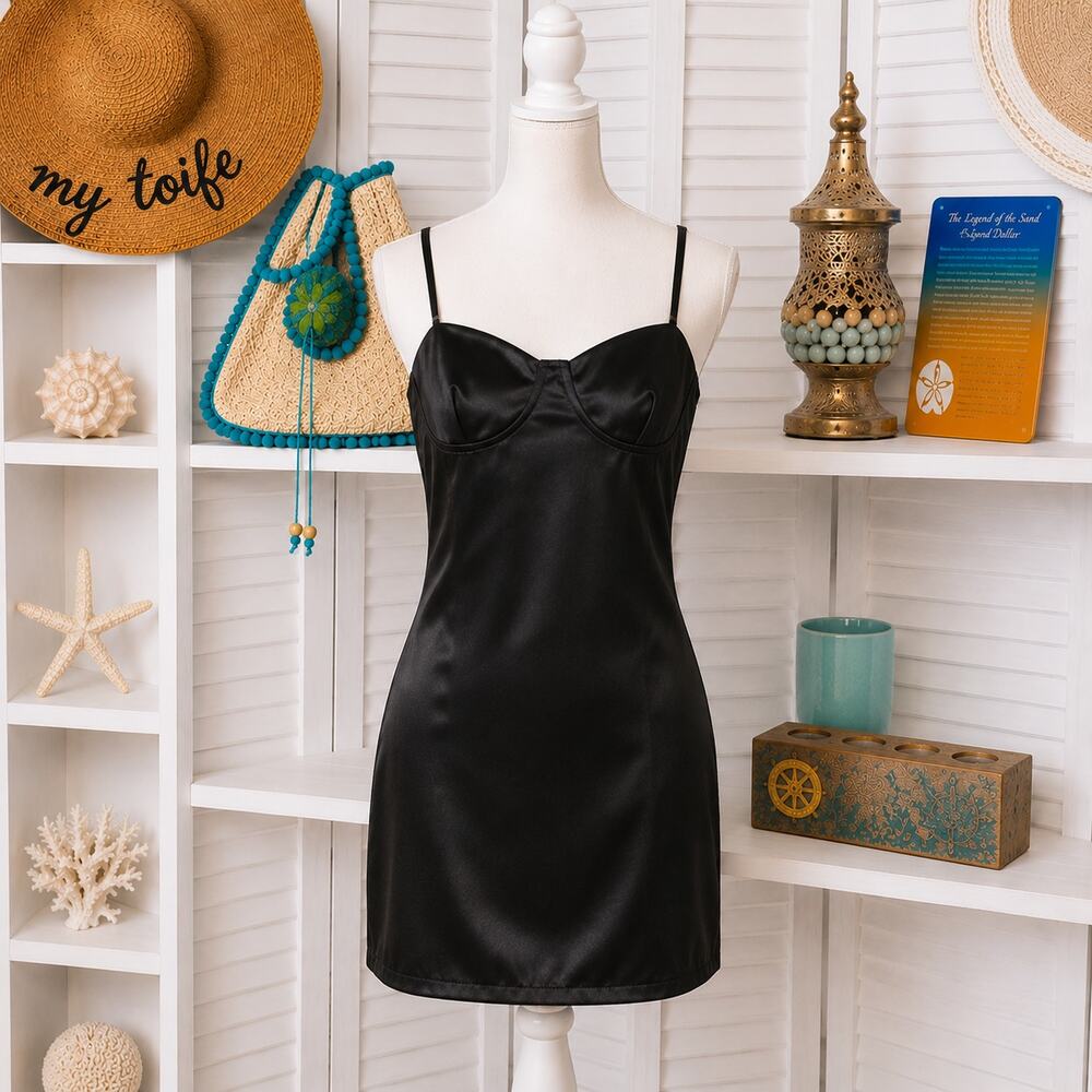 Wild Fable Black Formal Fitted Mini Satin Slip Dress Adjustable Straps SZ M